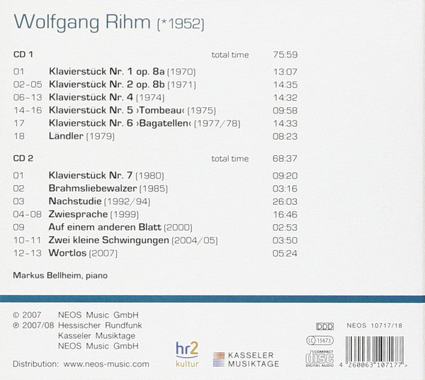 Wolfgang Rihm - Markus Bellheim : Piano Pieces (2xCD, Album)
