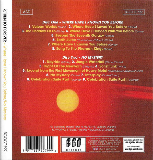 Return To Forever Featuring Chick Corea : Where Have I Known You Before / No Mystery  (CD, Album, RE, RM + CD, Album, RE, RM + Comp, O-C)