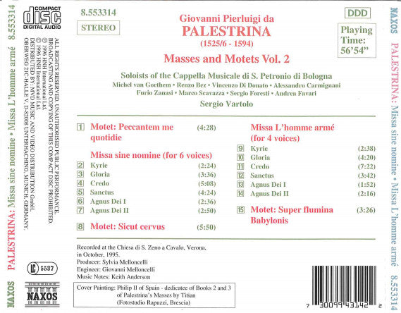 Giovanni Pierluigi da Palestrina, Cappella Musicale Di S. Petronio Di Bologna, Sergio Vartolo : Masses And Motets Vol. 2 (CD, Album)