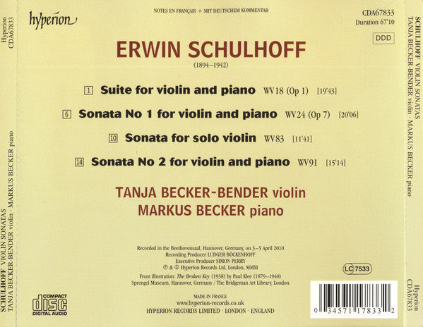 Erwin Schulhoff, Tanja Becker-Bender, Markus Becker (4) : Violin Sonatas (CD, Album)