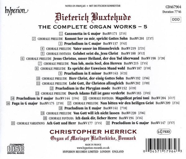 Dieterich Buxtehude - Christopher Herrick : The Complete Organ Works, Volume 5 - Aubertin Organ Of Mariager Klosterkirke, Denmark (CD, Album)