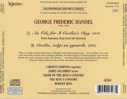 Georg Friedrich Händel - Carolyn Sampson, James Gilchrist, The Choir Of The King's Consort, The King's Consort, Robert King (9) : An Ode For St Cecilia's Day / Cecilia, Volgi Un Sguardo (CD)