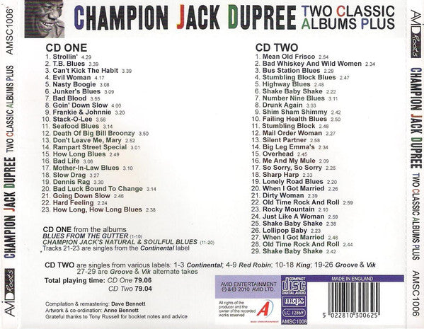 Champion Jack Dupree : Two Classic Albums Plus 40s & 50s Singles: Blues From The Gutter And Natural & Soulful Blues (2xCD, Comp, RM)