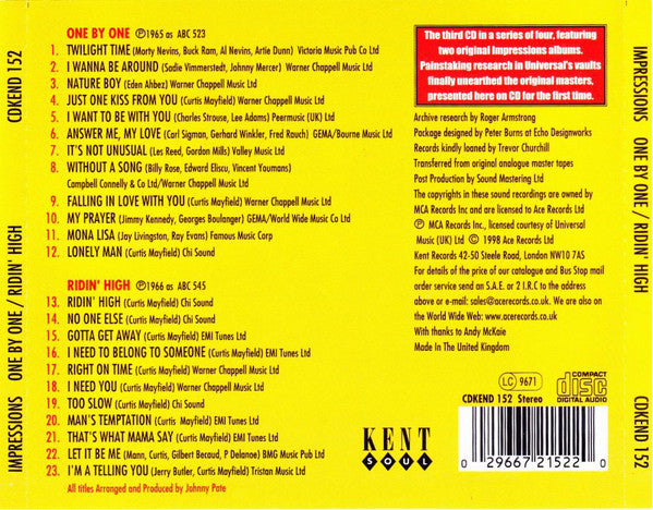 The Impressions : One By One / Ridin' High  (CD, Album, Comp)