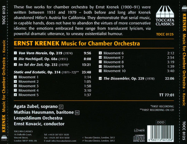 Ernst Krenek, Agata Zubel, Mathias Hausmann, Wrocławska Orkiestra Kameralna Leopoldinum, Ernst Kovacic : Music For Chamber Orchestra (CD)