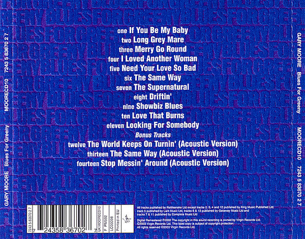 Gary Moore : Blues For Greeny (CD, Album, RE, RM)