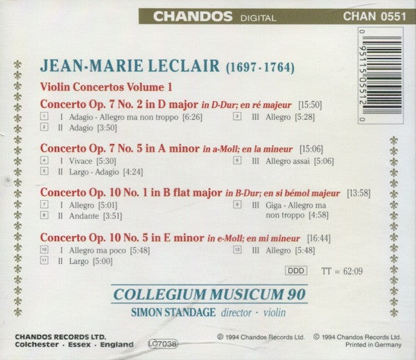 Jean-Marie Leclair, Collegium Musicum 90, Simon Standage : Violin Concertos ~ Volume I: Op. 7, Nos. 2 & 5 / Op. 10, Nos. 1 & 5 (CD, Album)