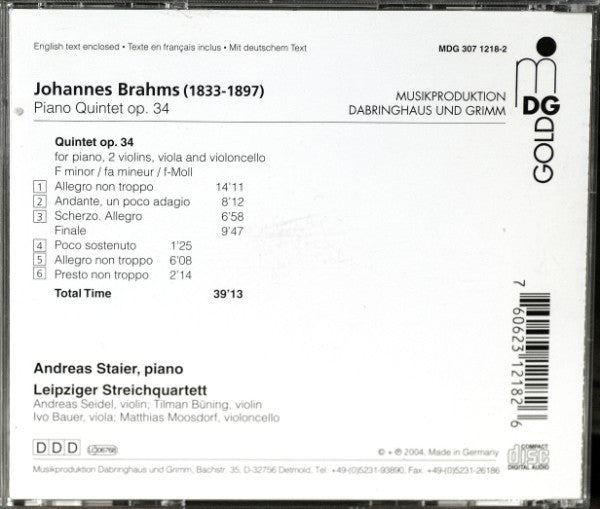 Johannes Brahms - Leipziger Streichquartett, Andreas Staier : Piano Quintet Op 34 (CD, Album)