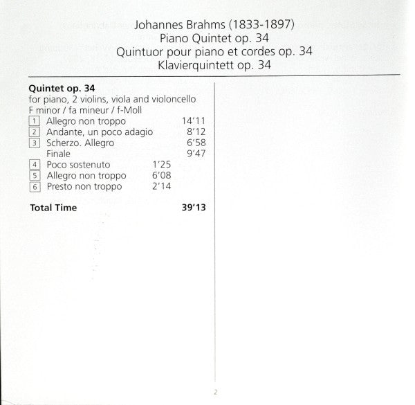 Johannes Brahms - Leipziger Streichquartett, Andreas Staier : Piano Quintet Op 34 (CD, Album)
