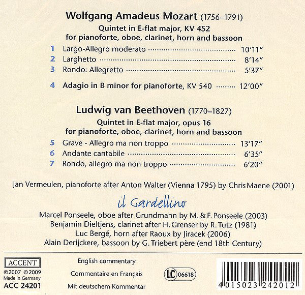 Wolfgang Amadeus Mozart · Ludwig Van Beethoven - Jan Vermeulen (5), Il Gardellino : Quintets For Pianoforte And Winds (CD, Album)