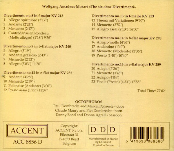 Wolfgang Amadeus Mozart, Octophoros : «The Divertimenti» Vol.I (CD, Album)