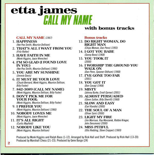 Etta James : Call My Name (CD, Album, Mono, RE)