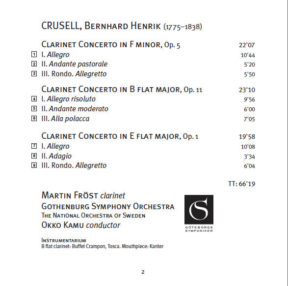 Bernhard Henrik Crusell, Martin Fröst, Göteborgs Symfoniker : Clarinet Concertos (SACD, Hybrid, Multichannel, Album)