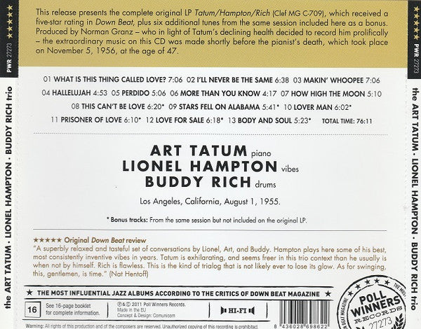 Art Tatum / Lionel Hampton / Buddy Rich : The Art Tatum-Lionel Hampton-Buddy Rich Trio (CD, Album, RE)
