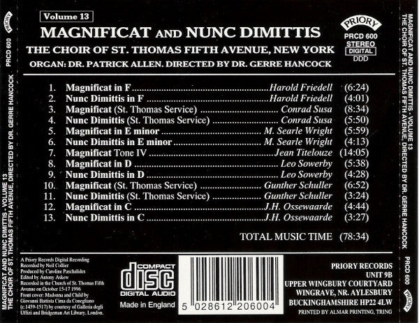 The St. Thomas Choir Of Men And Boys, Patrick Allen (7) Directed By Gerre Hancock : Magnificat And Nunc Dimittis: Volume 13 (CD, Album)