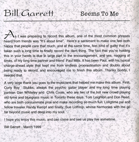Bill Garrett : Seems To Me (CD, Album)