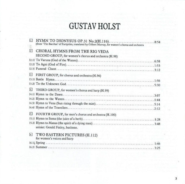 Gustav Holst – Royal Philharmonic Orchestra, Royal College Of Music Chamber Choir, David Willcocks : Hymns From The Rig Veda / Two Eastern Pictures / Hymn To Dionysus (CD, RE)