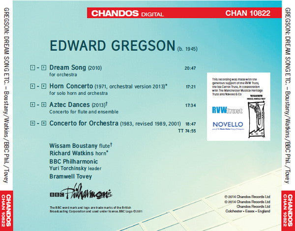 Edward Gregson, Wissam Boustany, Richard Watkins, BBC Philharmonic, Bramwell Tovey : Dream Song - Aztec Dances - Horn Concerto - Concerto For Orchestra (CD, Album)