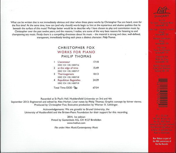 Christopher Fox - Philip Thomas (4) : Works For Piano (CD, Album)