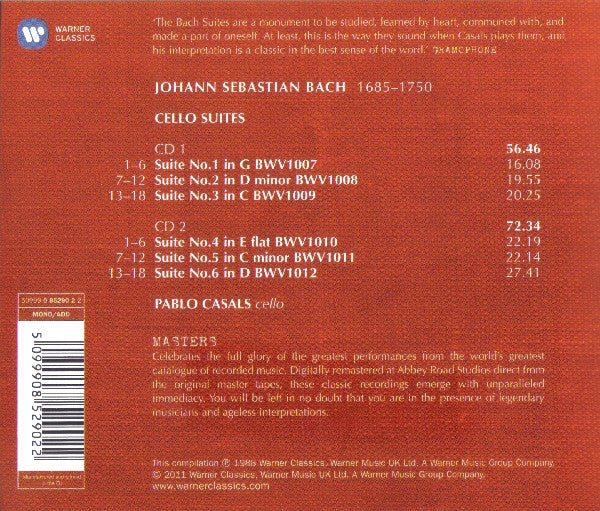 Johann Sebastian Bach - Pablo Casals : Six Suites For Solo Cello (2xCD, Comp, Mono, RE, RM)