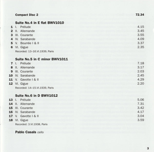 Johann Sebastian Bach - Pablo Casals : Six Suites For Solo Cello (2xCD, Comp, Mono, RE, RM)
