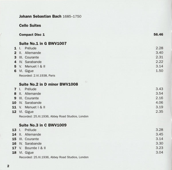 Johann Sebastian Bach - Pablo Casals : Six Suites For Solo Cello (2xCD, Comp, Mono, RE, RM)