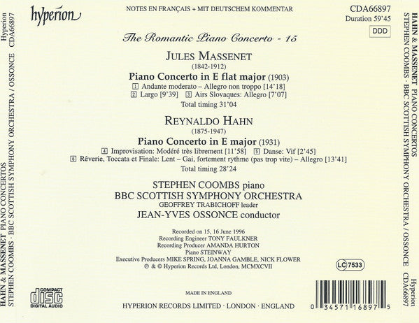 Reynaldo Hahn / Jules Massenet - Stephen Coombs, BBC Scottish Symphony Orchestra, Jean-Yves Ossonce : Piano Concerto In E Major / Piano Concerto In E Flat Major (CD, Album)