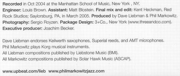 David Liebman & Phil Markowitz : Manhattan Dialogues (CD, Album)