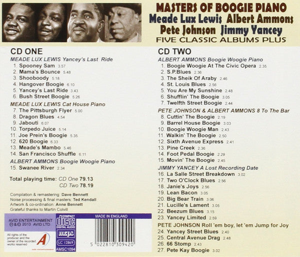 Meade "Lux" Lewis, Albert Ammons, Pete Johnson, Jimmy Yancey : Masters Of Boogie Piano: Five Classic Albums Plus (2xCD, Comp, RM)