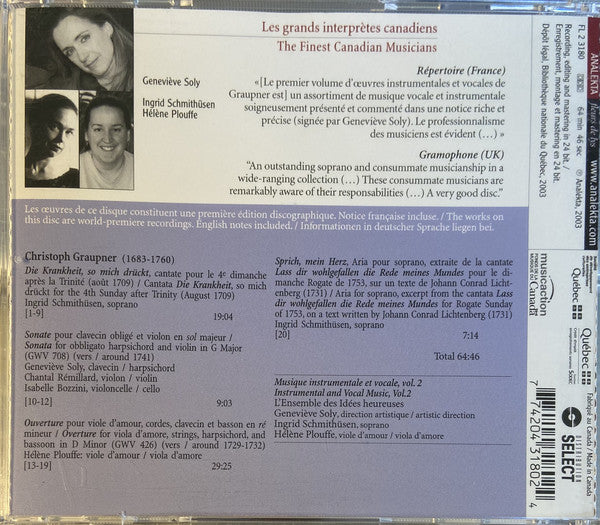 Christoph Graupner - Les Idées Heureuses, Geneviève Soly, Ingrid Schmithüsen, Hélène Plouffe : Instrumental and Vocal Music, Vol. 2: Cantate, Sonate, Ouverture  (CD, Album)