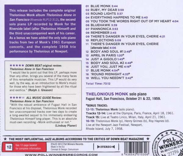 Thelonious Monk : Thelonious Alone In San Francisco + 8 Bonus Tracks (CD, Album)