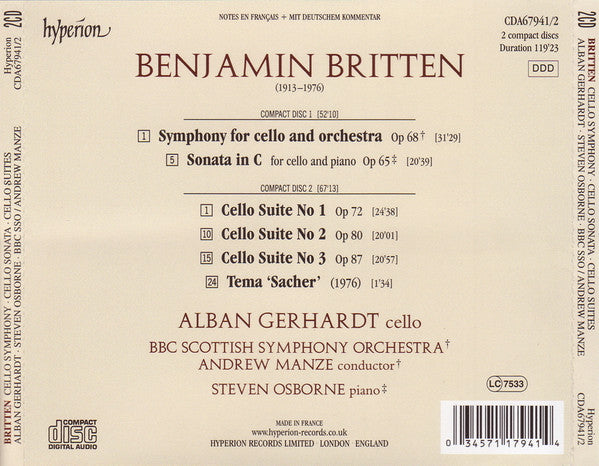 Benjamin Britten – Alban Gerhardt, BBC Scottish Symphony Orchestra, Andrew Manze : Cello Symphony, Cello Sonata & Cello Suites (2xCD)