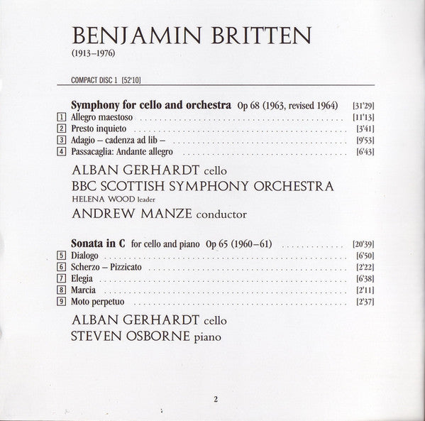 Benjamin Britten – Alban Gerhardt, BBC Scottish Symphony Orchestra, Andrew Manze : Cello Symphony, Cello Sonata & Cello Suites (2xCD)