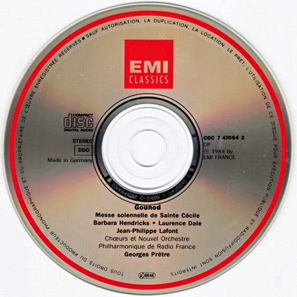 Charles Gounod : Barbara Hendricks, Laurence Dale, Jean-Philippe Lafont, Chœur de Radio France, Nouvel Orchestre Philharmonique De Radio-France, Georges Prêtre : Messe Solennelle De Sainte Cécile (St. Cecilia Mass / Cäcilienmesse) (CD, Album, RE)