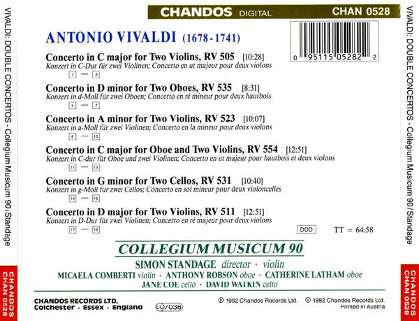 Antonio Vivaldi - Collegium Musicum 90 / Simon Standage : Double Concertos (CD, Album)