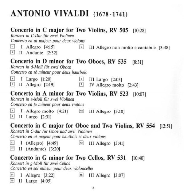 Antonio Vivaldi - Collegium Musicum 90 / Simon Standage : Double Concertos (CD, Album)