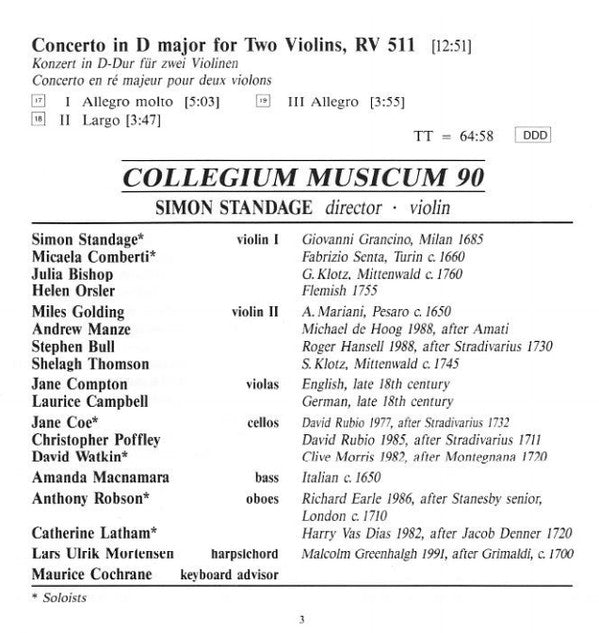 Antonio Vivaldi - Collegium Musicum 90 / Simon Standage : Double Concertos (CD, Album)