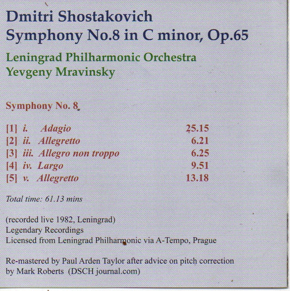 Dmitri Shostakovich, Leningrad Philharmonic Orchestra, Evgeny Mravinsky : Symphony No. 8  (CD, Album, RE, RM)