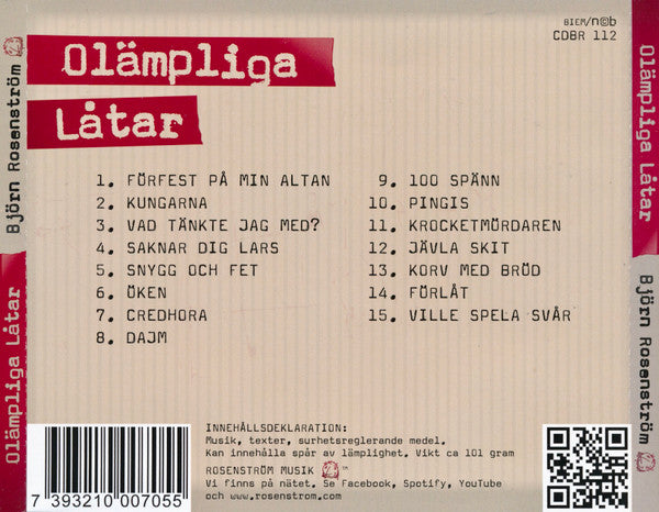 Björn Rosenström : Olämpliga Låtar (CD, Album)
