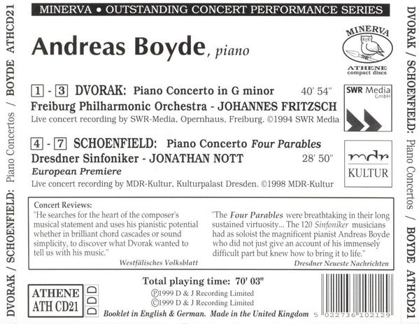 Andreas Boyde, Antonín Dvořák, Paul Schoenfield : Piano Concerto In G Minor, Piano Concerto Four Parables (CD, Comp)