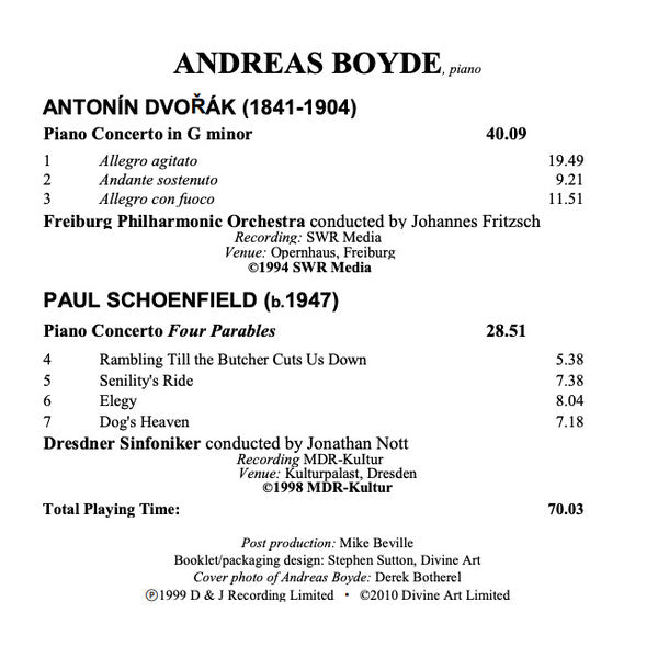 Andreas Boyde, Antonín Dvořák, Paul Schoenfield : Piano Concerto In G Minor, Piano Concerto Four Parables (CD, Comp)