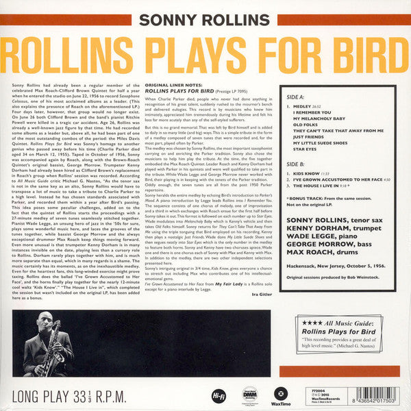 Sonny Rollins Quintet With Kenny Dorham And Max Roach : Rollins Plays For Bird (LP, Album, Ltd, RE, RM, 180)