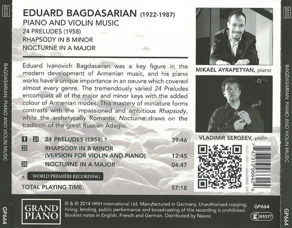 Eduard Bagdasarian, Mikael Ayrapetyan, Vladimir Sergeev : Piano And Violin Music (CD, Album)