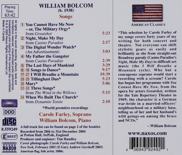 William Bolcom, Carole Farley : Songs (CD, Album)