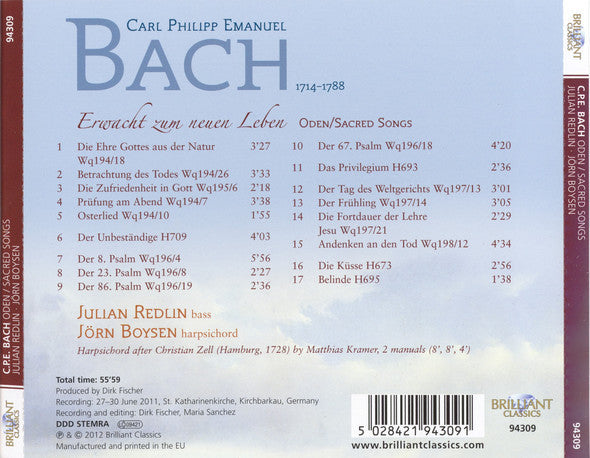 Carl Philipp Emanuel Bach – Julian Redlin, Jörn Boysen : Erwacht Zum Neuen Leben – Oden/Sacred Songs (CD)