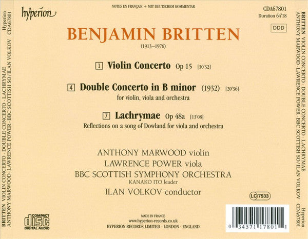 Benjamin Britten / Anthony Marwood • Lawrence Power (2) • BBC Scottish Symphony Orchestra • Ilan Volkov : Violin Concerto •  Double Concerto • Lachrymae (CD, Album)