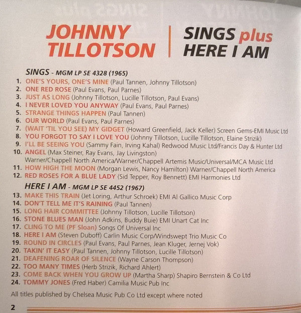 Johnny Tillotson : Sings Plus Here I Am (CD, Comp)