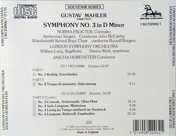 Gustav Mahler, London Symphony Orchestra Conducted By Jascha Horenstein : Symphony No. 3 (2xCD, Album, RE)