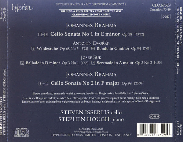 Johannes Brahms • Antonín Dvořák • Josef Suk (2) - Steven Isserlis • Stephen Hough : Cello Sonatas (CD, Album)