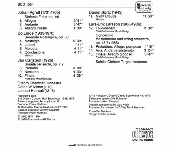 Johan Agrell, Bo Linde, Jan Carlstedt, Daniel Börtz, Lars-Erik Larsson, Örebro Chamber Orchestra, Göran W Nilson, Lennart Hedwall : Agrell / Linde / Carlstedt / Börtz / Larsson (CD, Album)